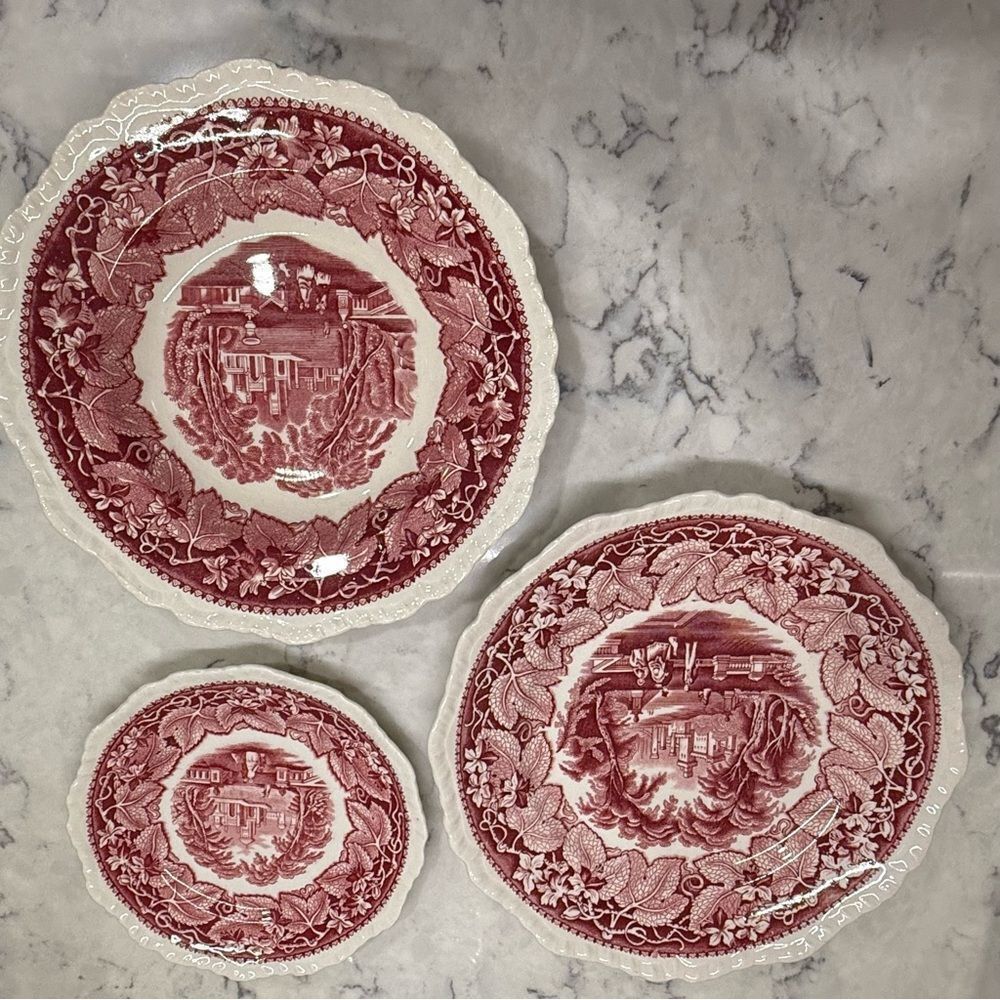 Vintage antique Mason ware red vista pink  transferware rare collectible set 1